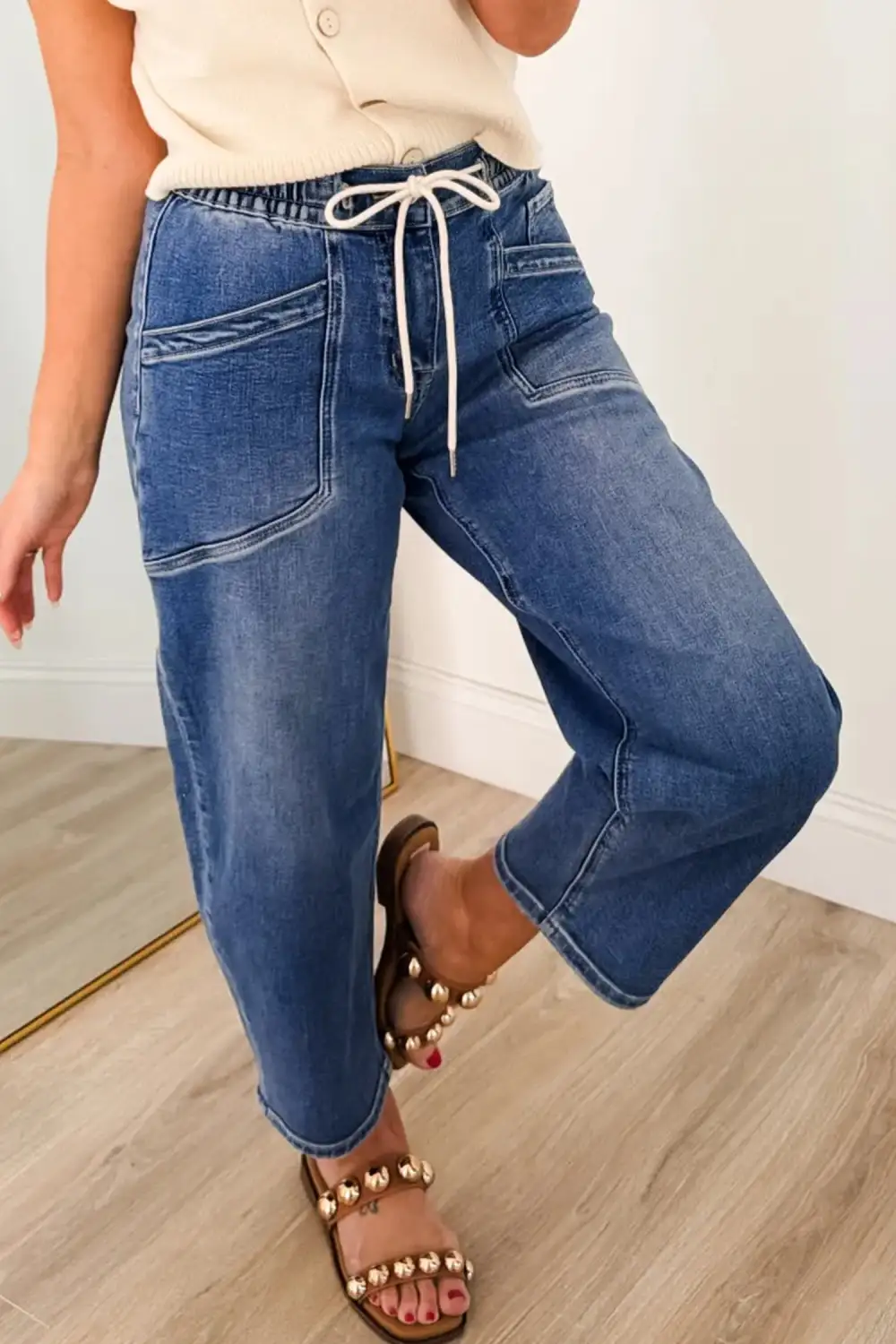 Women's Regular Fit Denim Pants With Drawstring Waist And Pockets