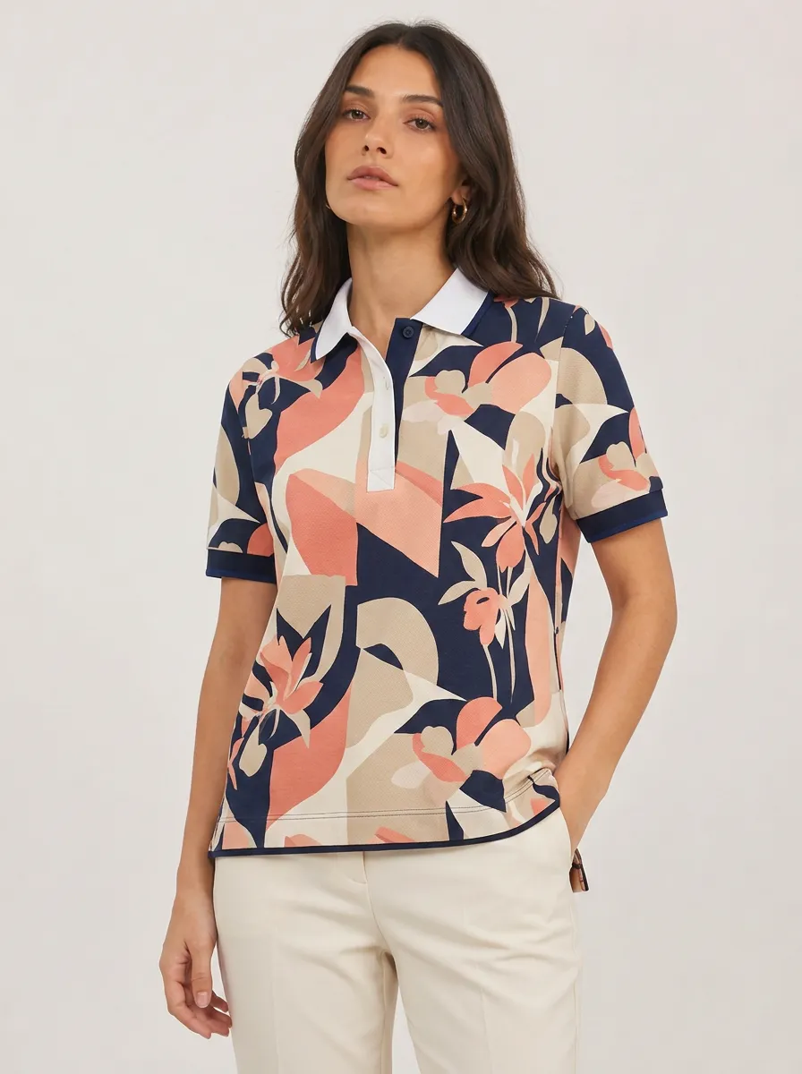 Women's Abstract Floral Geometric Printed Polo Shirt