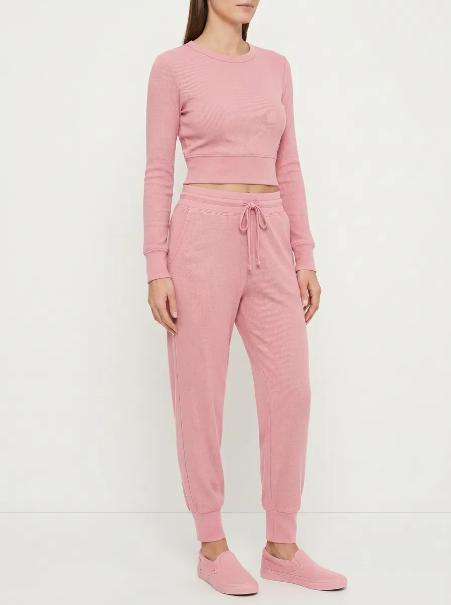 Women's Ribbed Crewneck Crop Top and Tapered Jogger Set