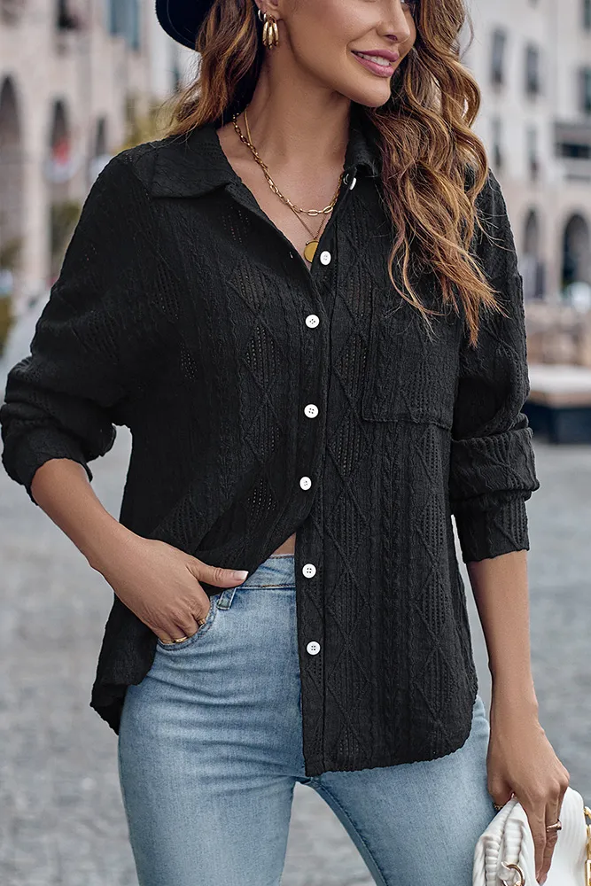 Eyelet Cable Button Shirt Blouse