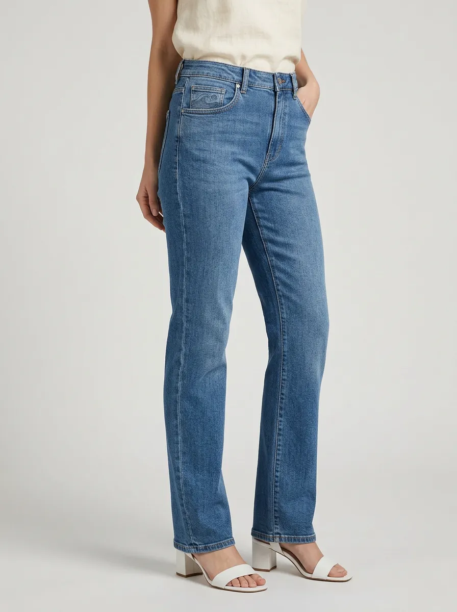 Women's Wave Embroidered Coin-Pocket High-Rise Straight-Leg Jeans