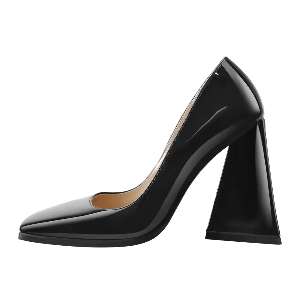Patent Finish Pointed Toe Chunky Heel Pumps