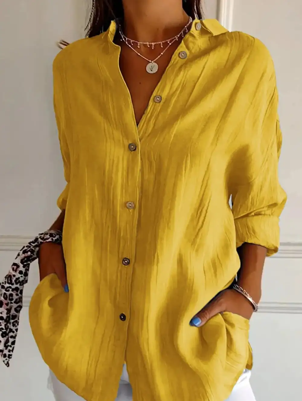 Button Detail Pleated Button-Up Shirt