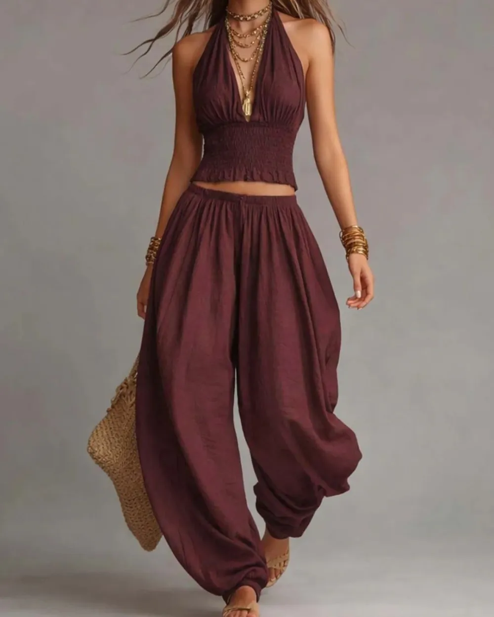 Casual Backless Craft Halter Closure Wide Leg Pants Set
