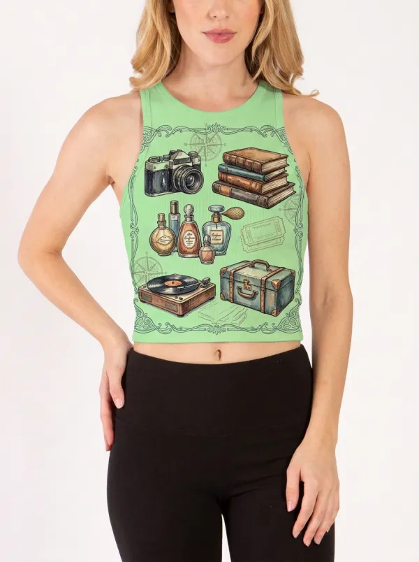 Women's Vintage Travel Camera Books Perfume Printed Crop Tank Top