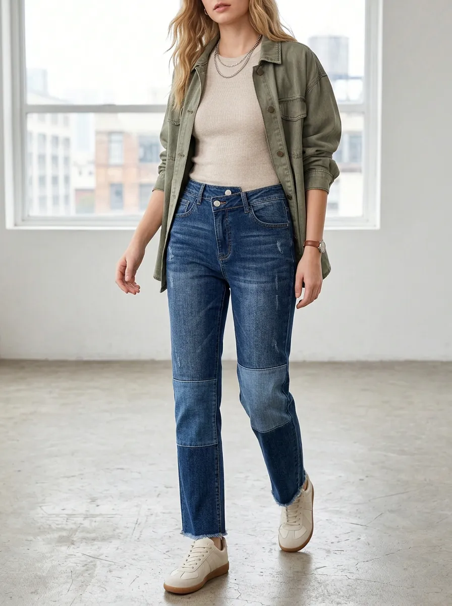Women's Casual Fashion Cross-Waist Distressed Patchwork Denim Pants