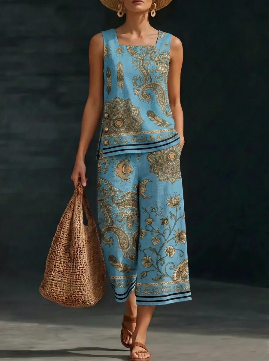 Women's Boho Paisley Floral Moon Printed Sleeveless Set