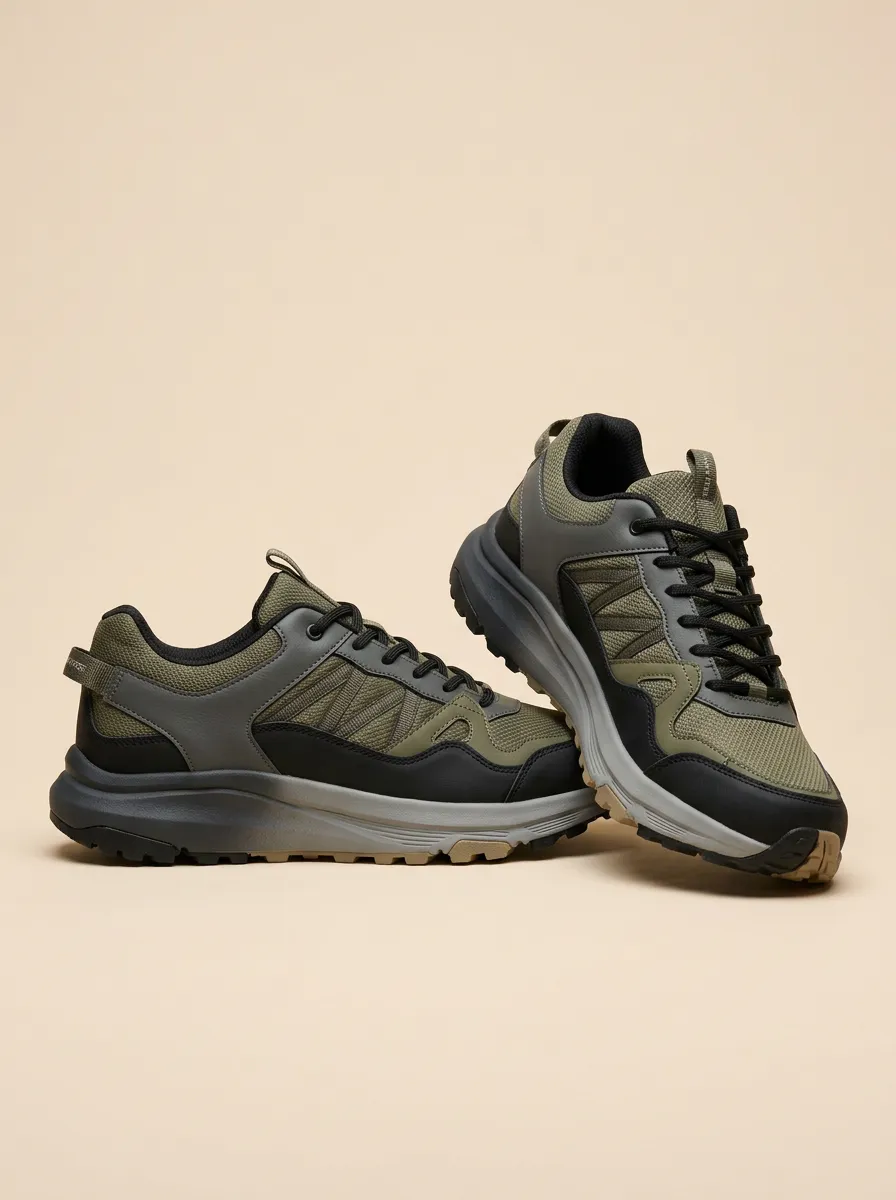Mixed-Material Hiking-Inspired Mesh-Panel Casual Sneakers