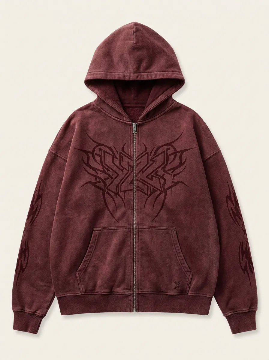 Unisex Streetwear Y2K Tribal Graphic Printed Zip-up Hoodie