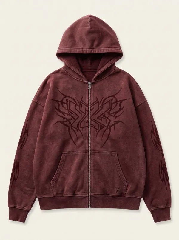 Unisex Streetwear Y2K Tribal Graphic Printed Zip-up Hoodie