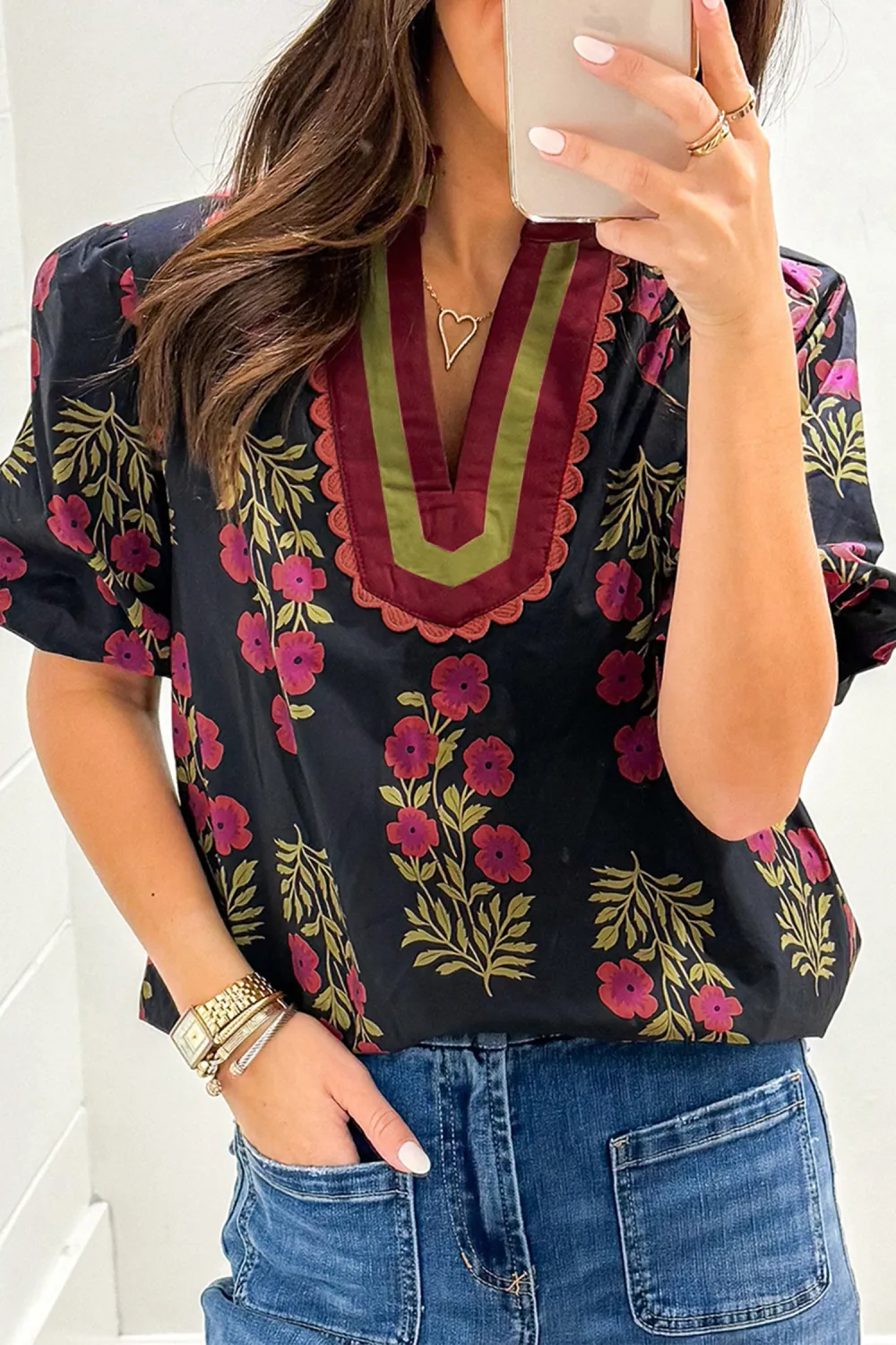 Black Floral Short Bubble Sleeve Blouse
