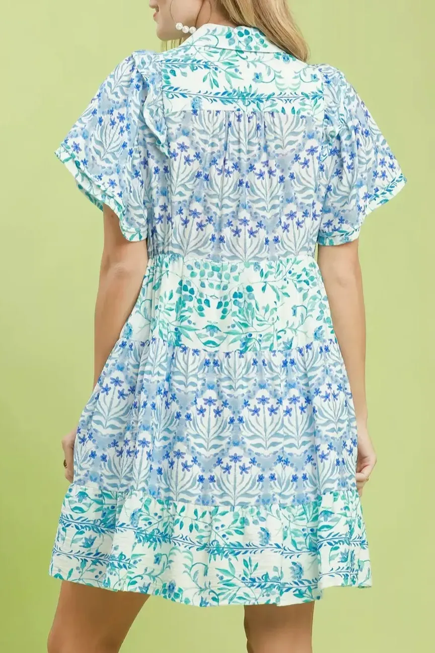 Floral Print Flutter Sleeve Tiered Mini Dress
