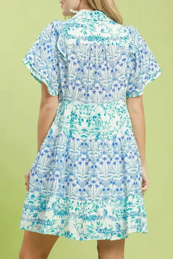 Floral Print Flutter Sleeve Tiered Mini Dress