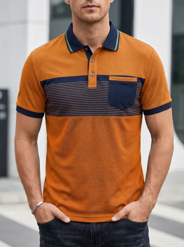 Men's Casual Colorblock Striped Pocket Polo Shirt
