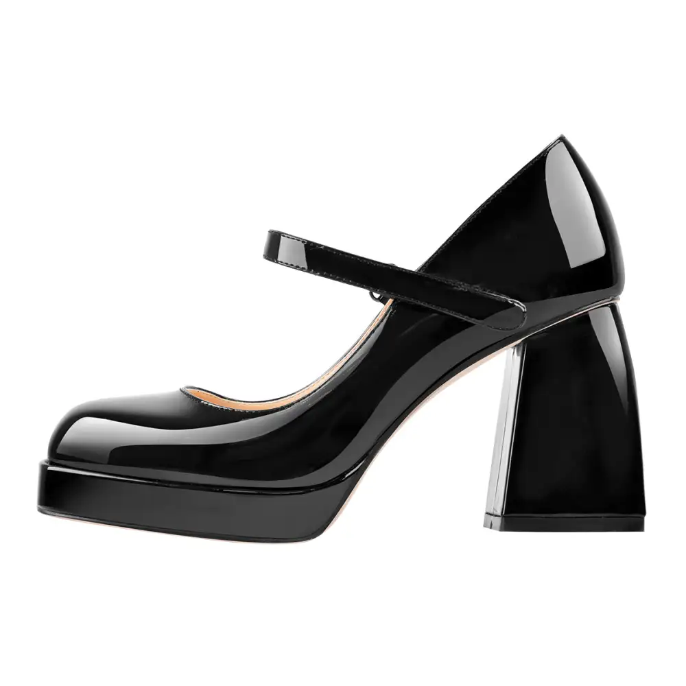 Square Toe Low Platform Chunky Heel Pumps
