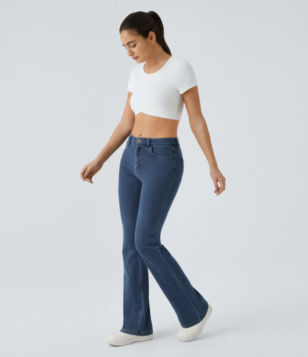 Magic Mid Rise Button Pockets Stretchy Knit Casual Bootcut Jeans