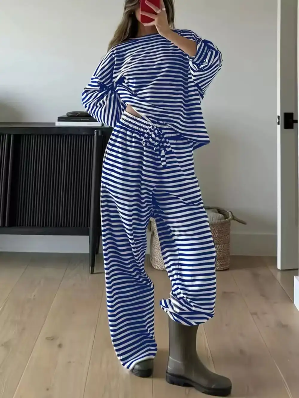 Relaxed Striped Round Neck Top and Pants Set