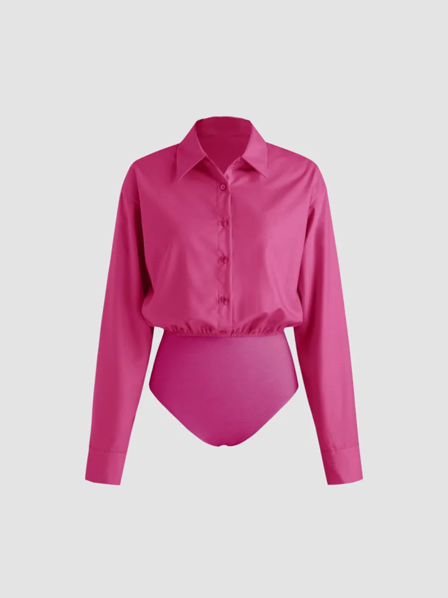 Collar Solid Button Long Sleeve Blouse Bodysuit