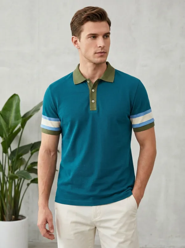 Men's Casual Colorblock Striped Sleeve Contrast Collar Polo Shirt