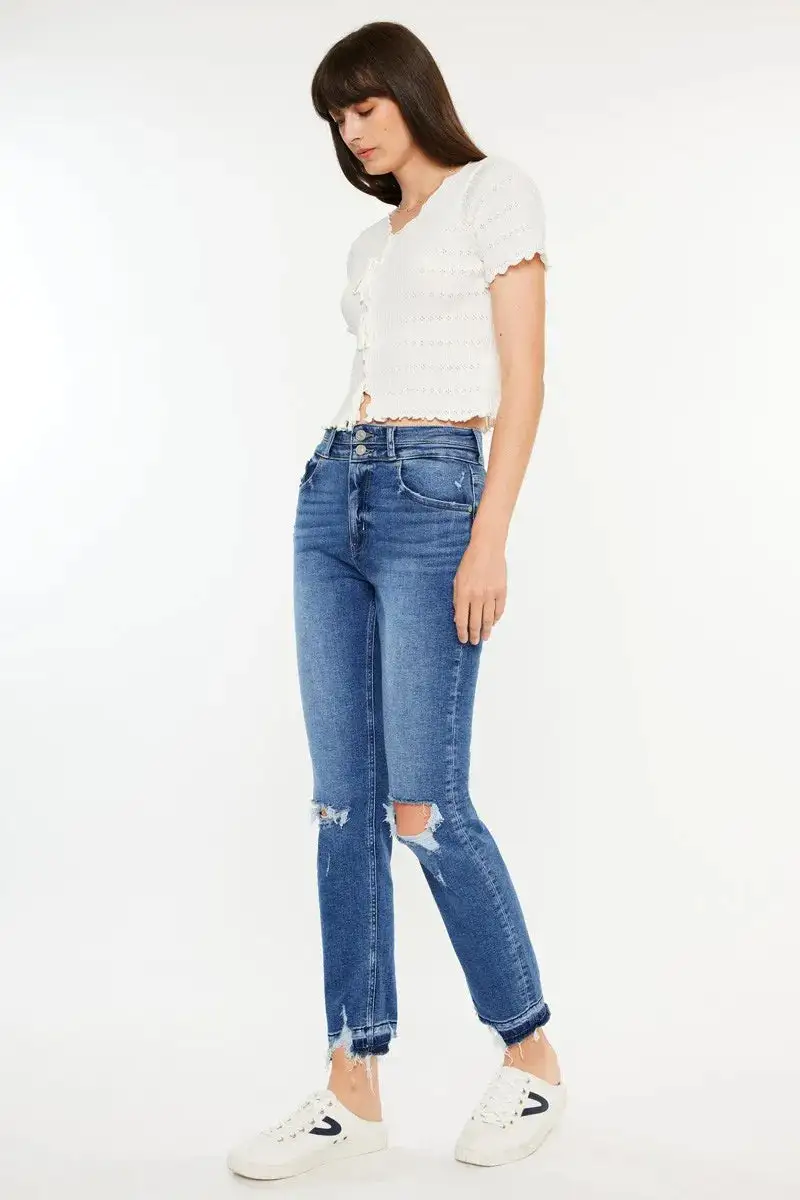 Textured High Waist Straight Leg Distressed Denim Jeans