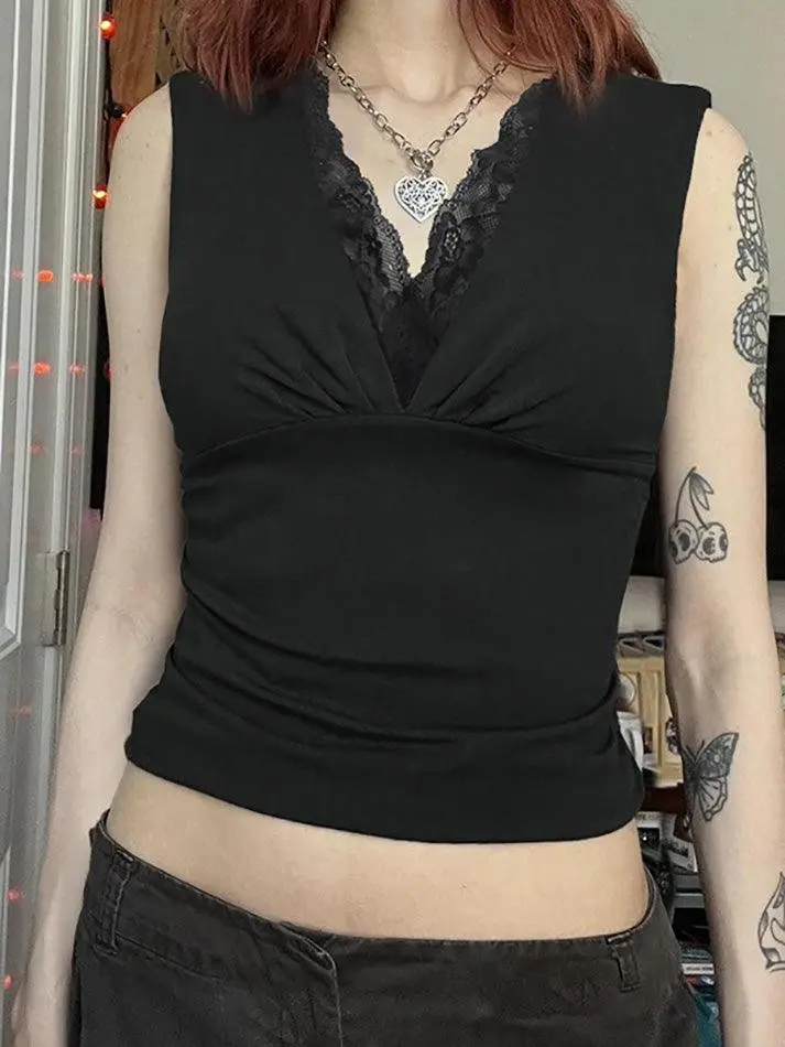 V-Neck Ruched Lace Slim-Fit Tank Top