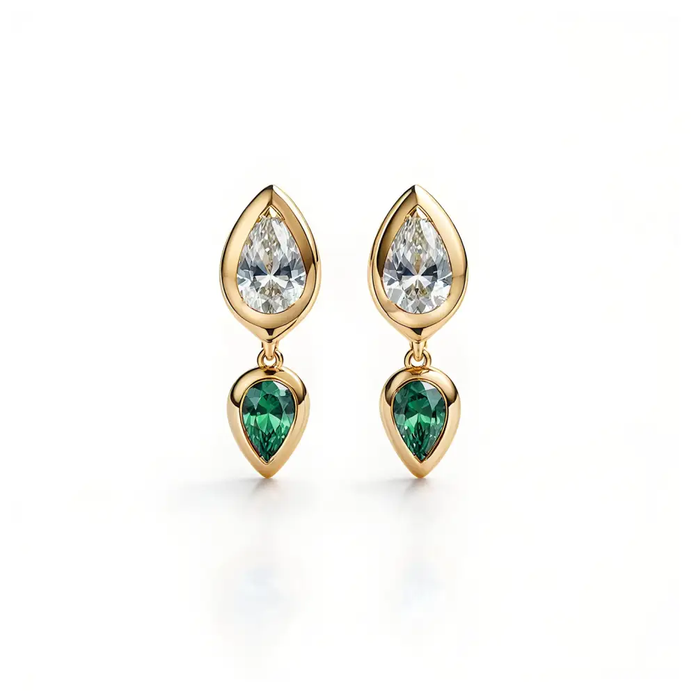 Pear Diamond And Emerald Bezel Set Short Drop Earrings