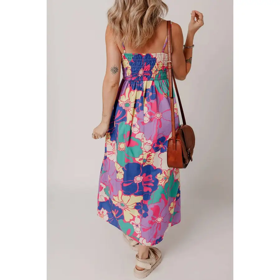 Floral Print Shirred Spaghetti Strap Loose Maxi Dress