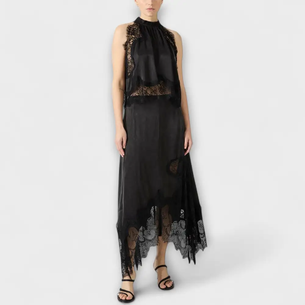 Pleated Lace Satin Casual Dress