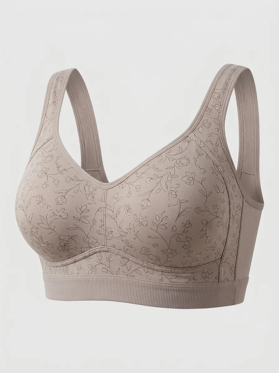 Women's Plus Size Taupe Floral Outline Full-Coverage V-Neck Wireless Bralette