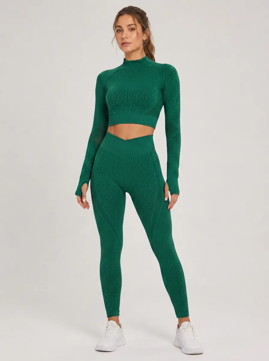 Women's Emerald Green Geometric Patterned Seamless Two-Piece Set