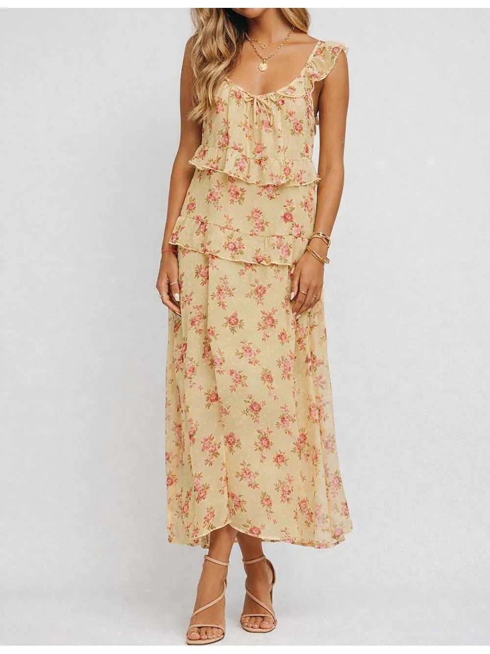 Boho Front Tiered Ruffle Sleeveless Midi Dress