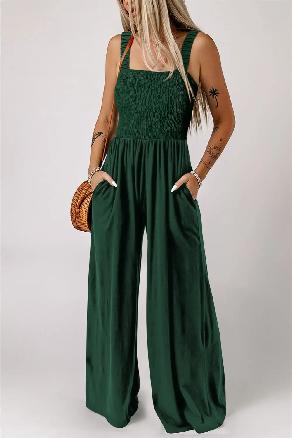Ginger Smocked Sleeveless Wide Leg Pockets Jumpsuit
