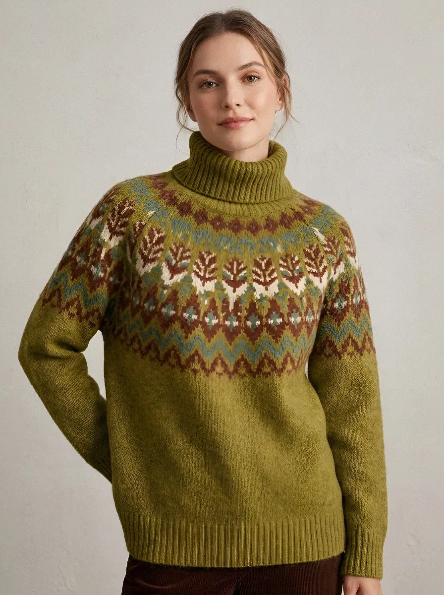 Women's Nordic Style Geometric Floral Printed Turtleneck Sweater