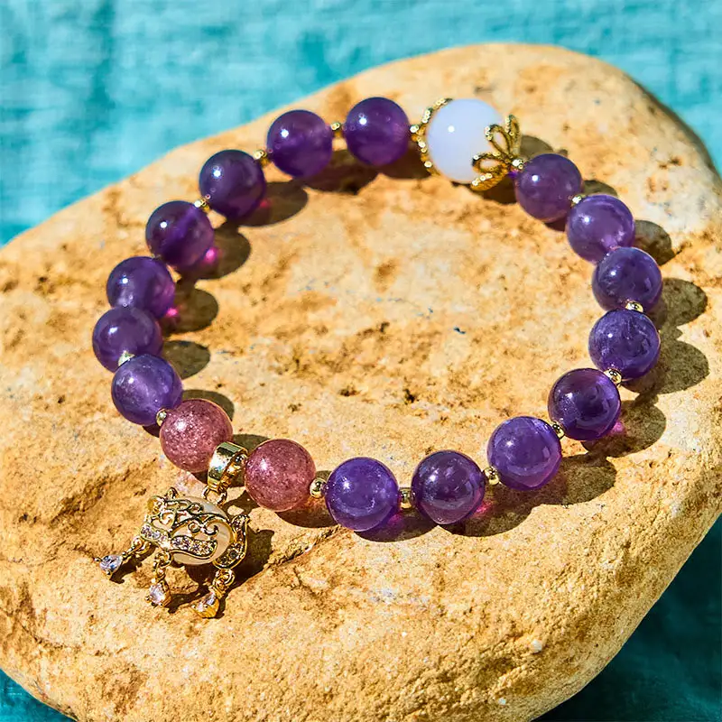 Natural Amethyst Strawberry Quartz Lock Charm Bracelet