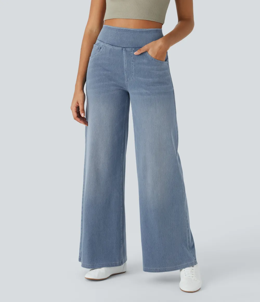 2026🔥  High Waisted Multiple Pockets Baggy Wide Leg Washed Stretchy Knit Casual Jeans