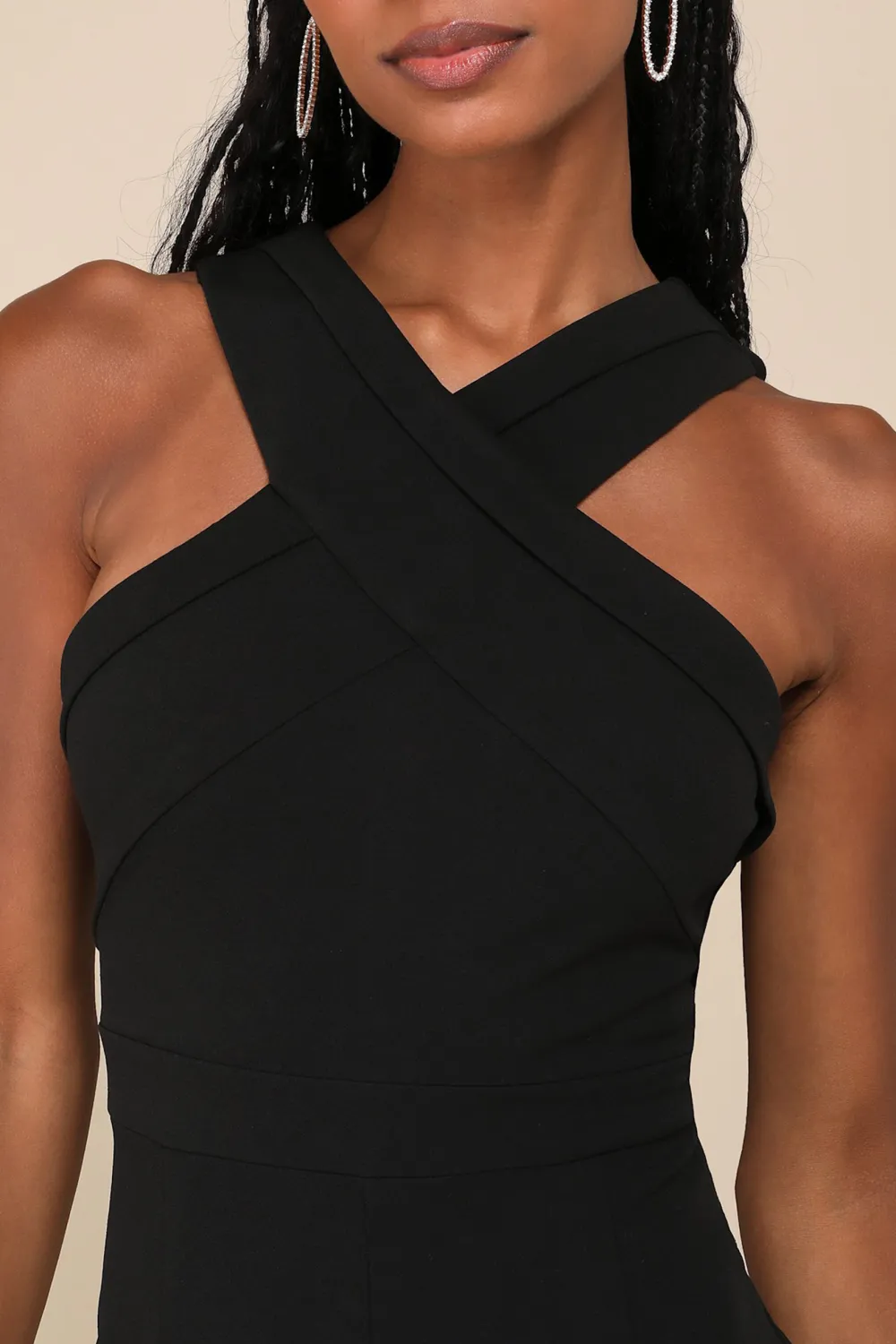 Casual Style Black Cross-Front Wide-Leg Jumpsuit
