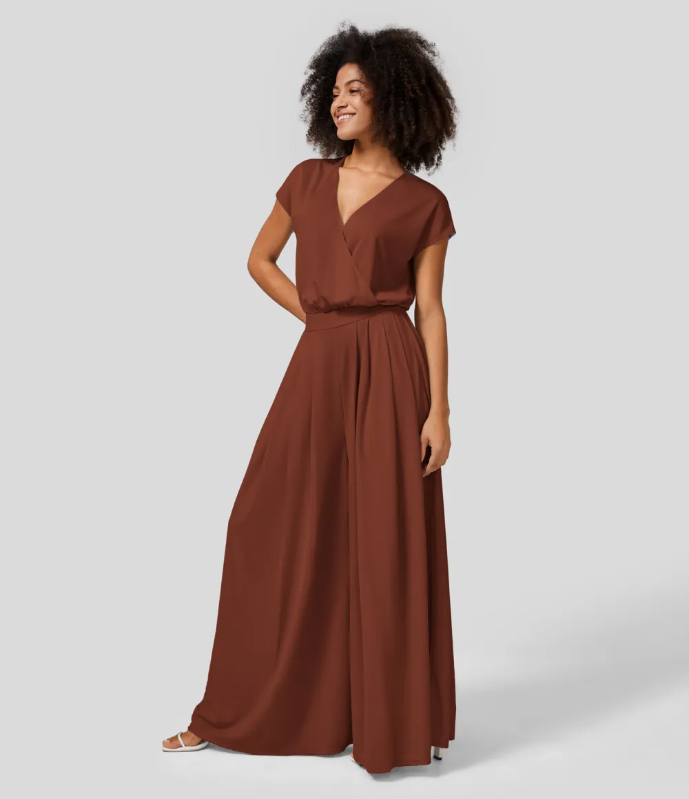 V Neck Short Sleeve Plicated Side Pocket Wide Leg Flowy Waffle Casual Jumpsuit