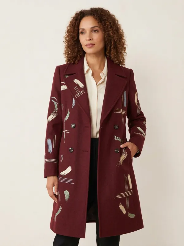 Women's Abstract Art Brushstroke Printed Wool Blend Coat