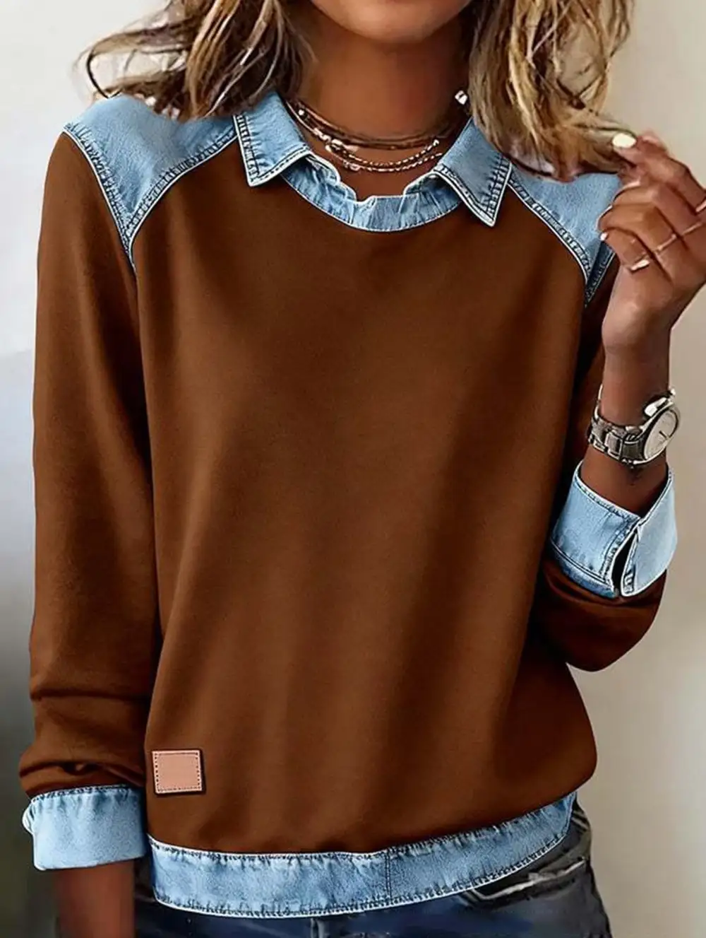 Denim Collar Patchwork Top