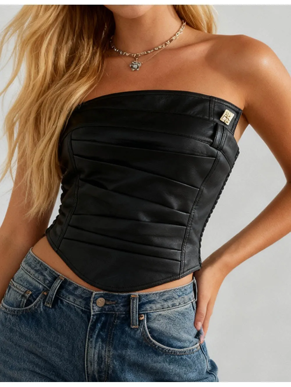 Faux Leather Corset Pleated Bodice Crop Tube Top