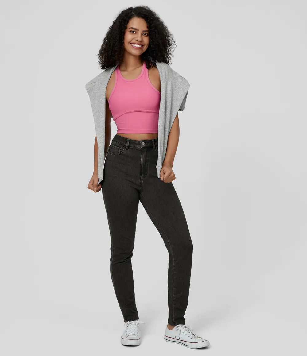 Magic High Waisted Button Zipper Multiple Pockets Stretchy Knit Casual Jeans