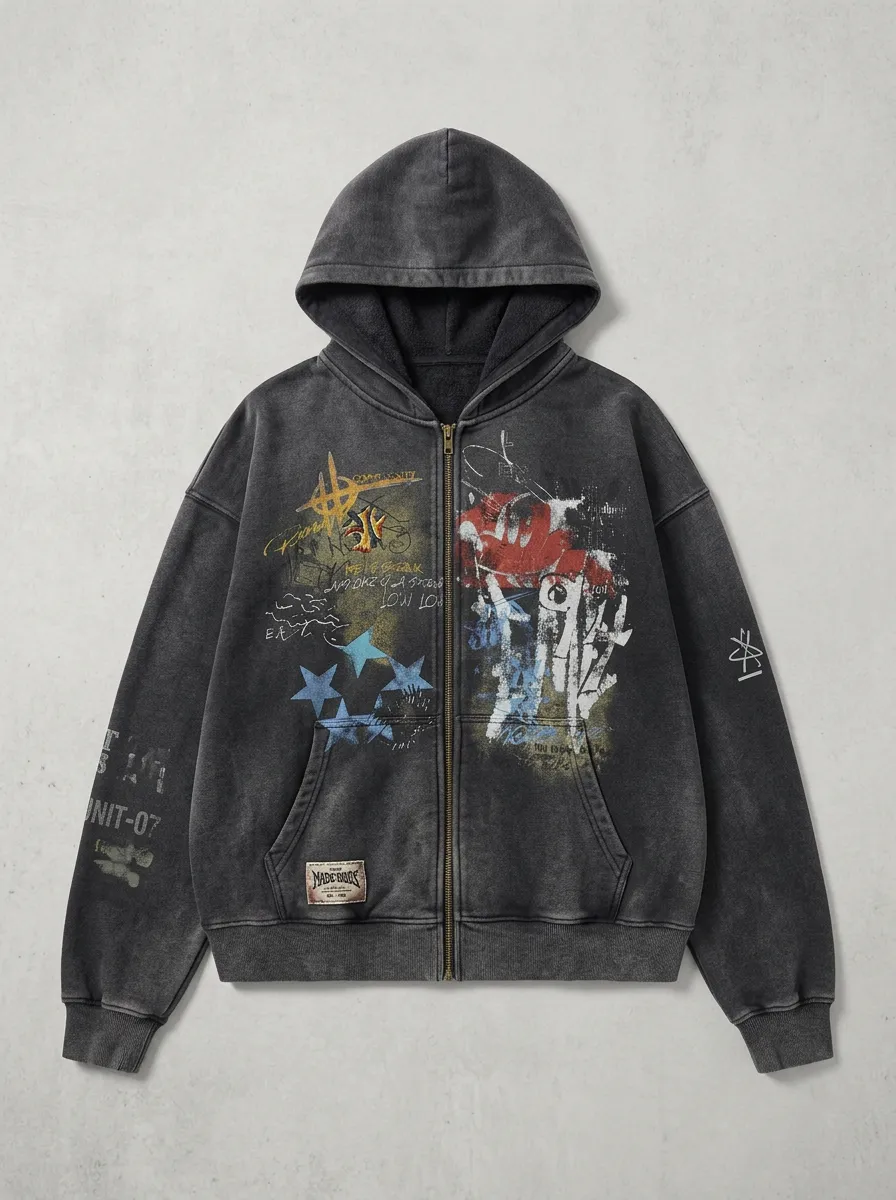 Unisex Streetwear Graffiti Star Graphic Printed Zip-up Hoodie