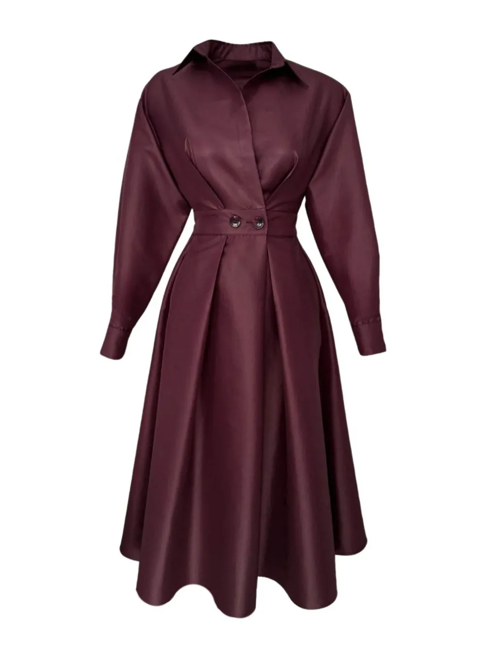 Elegant Collared Long Sleeve Flared Midi Dress