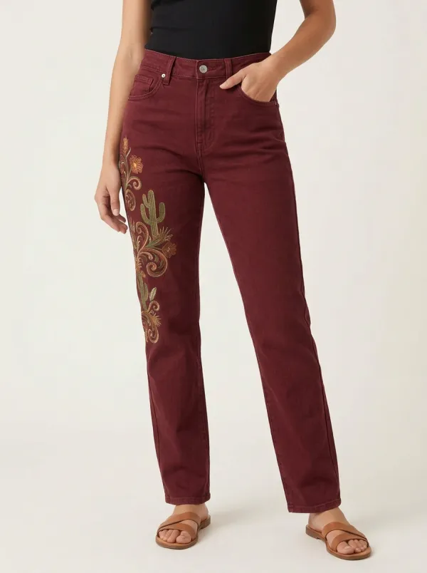 Women's Western Cactus Floral Embroidered Printed Straight Leg Jeans