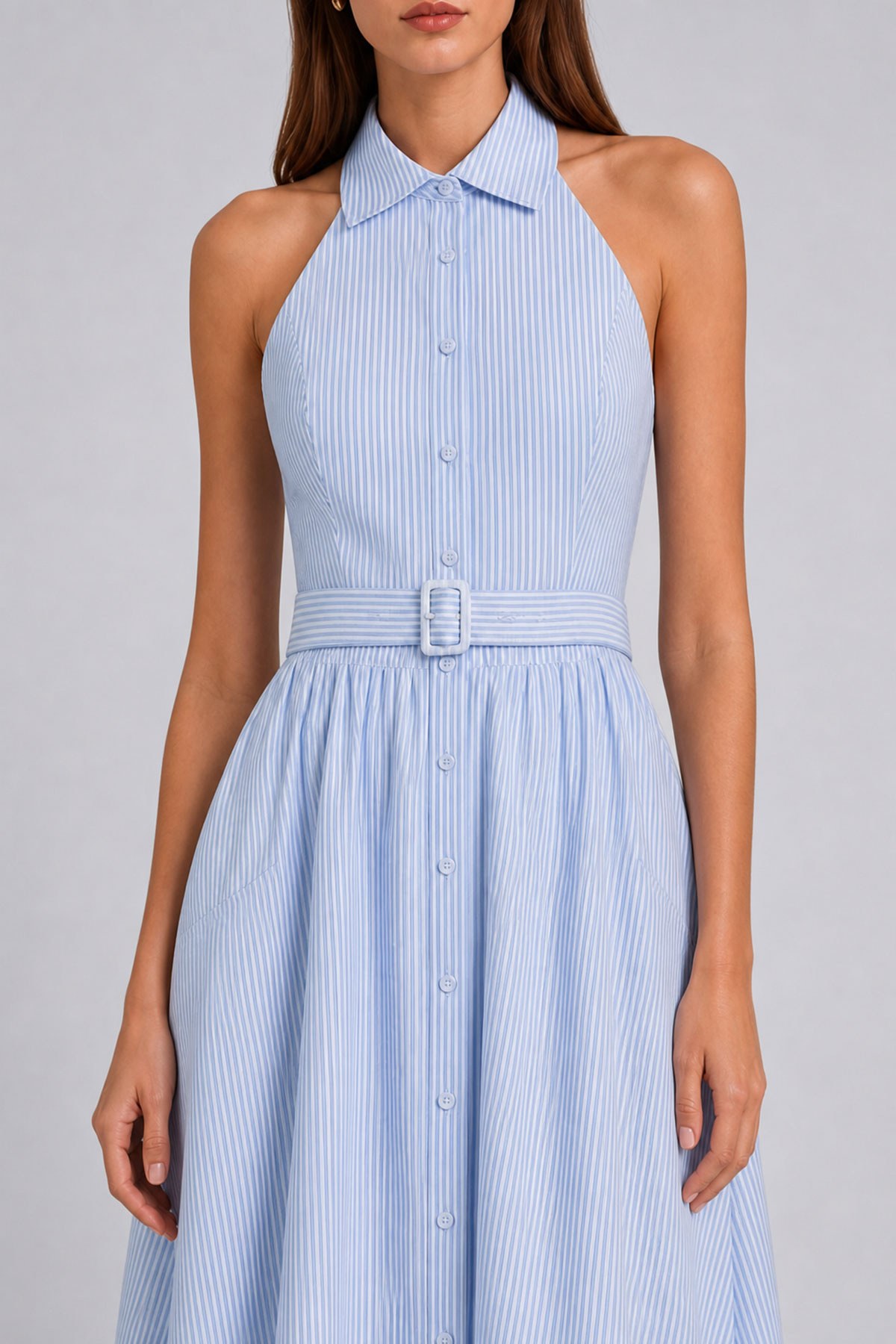 Halter Neck Button Front Midi Dress