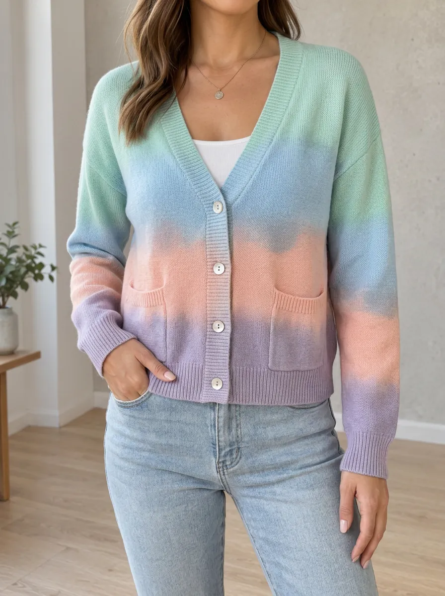 Women's Pastel Ombre Tie-Dye Printed Patch Pocket Everyday Layering Cardigan
