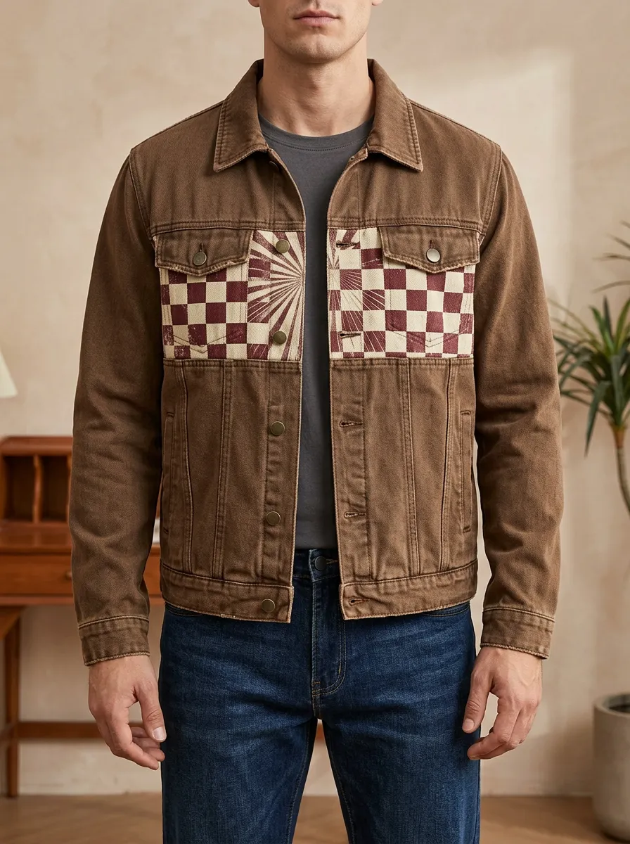 Men's Vintage Checkered Sunburst Pattern Printed Denim Jacket