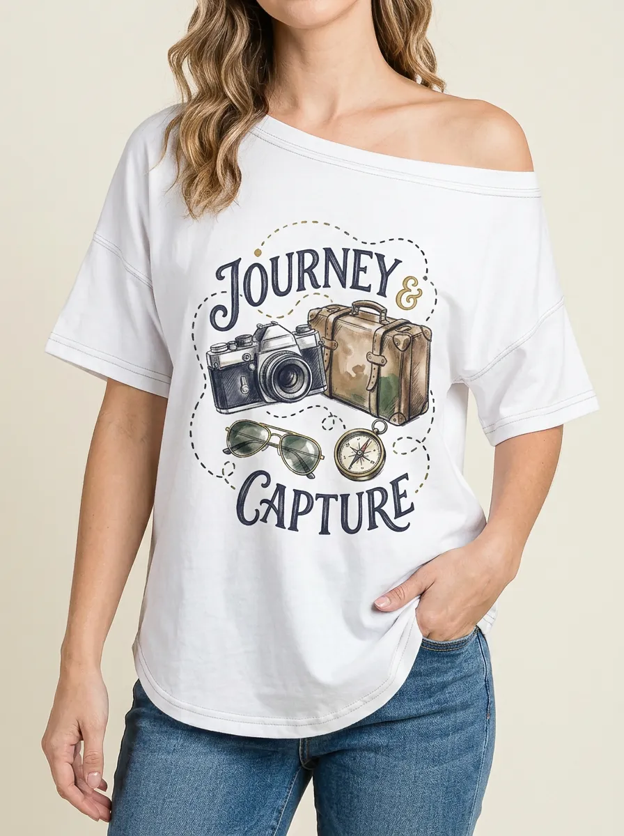 Women's Travel Photography-Inspired Camera Suitcase Printed T-Shirt