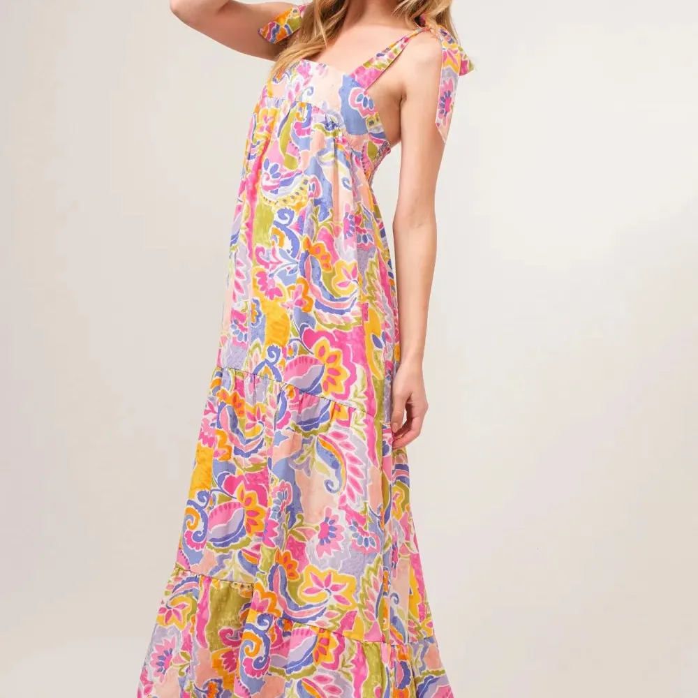 Printed Tie Shoulder Tiered Maxi Dress