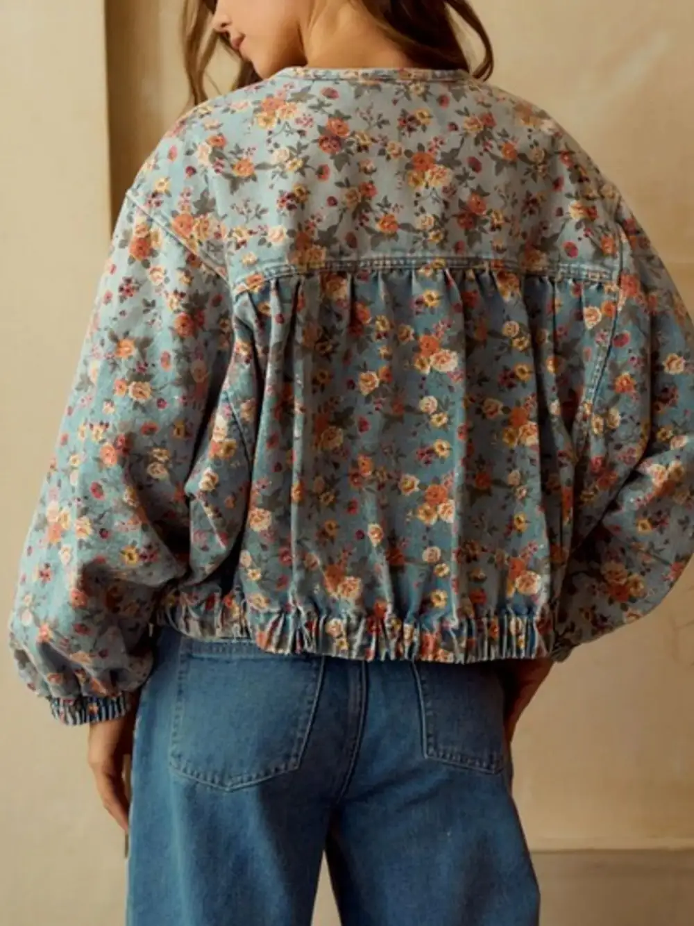 Floral Print Zip Up Cropped Jacket